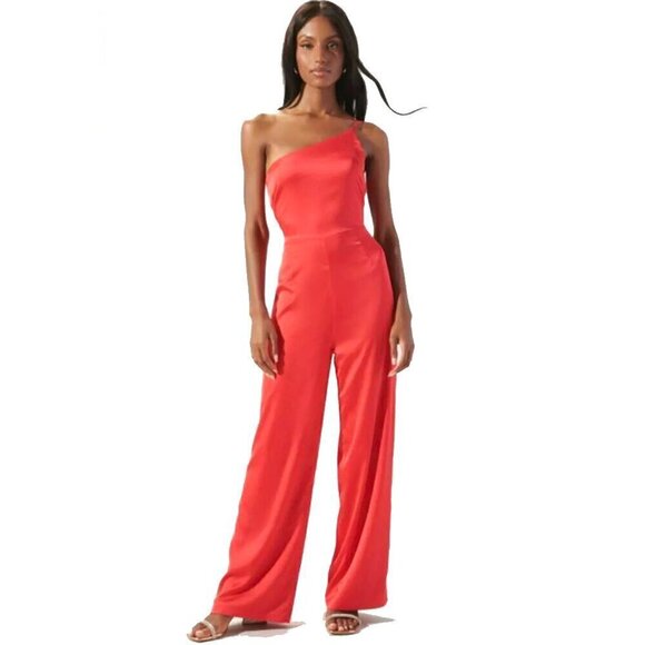Sugarlips Pants - sugar + lips Medium Solid Red Satin One Shoulder Jumpsuit Sleeveless Cocktail